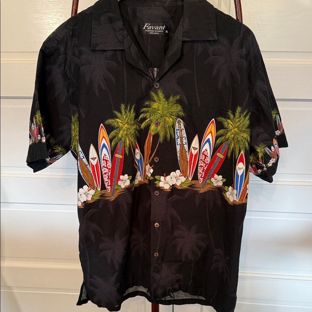 Men’s Favant Hawaiian Surfboard Button-Up Shirt Black Tropical XL